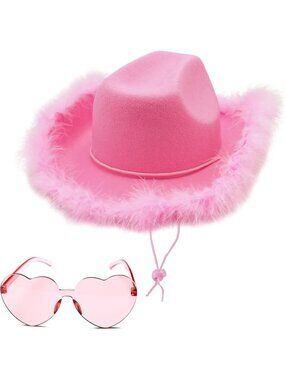 New Cowboy Hat with feathers With Heart Shaped Sunglasses for Women